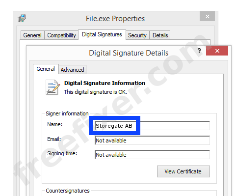 Screenshot of the Storegate AB certificate